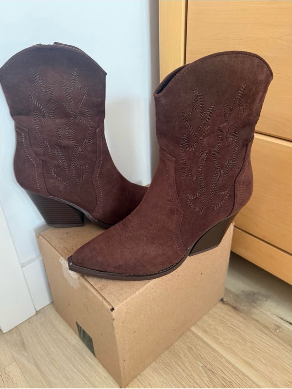 Brown Suede Western Ankle Boots - Women